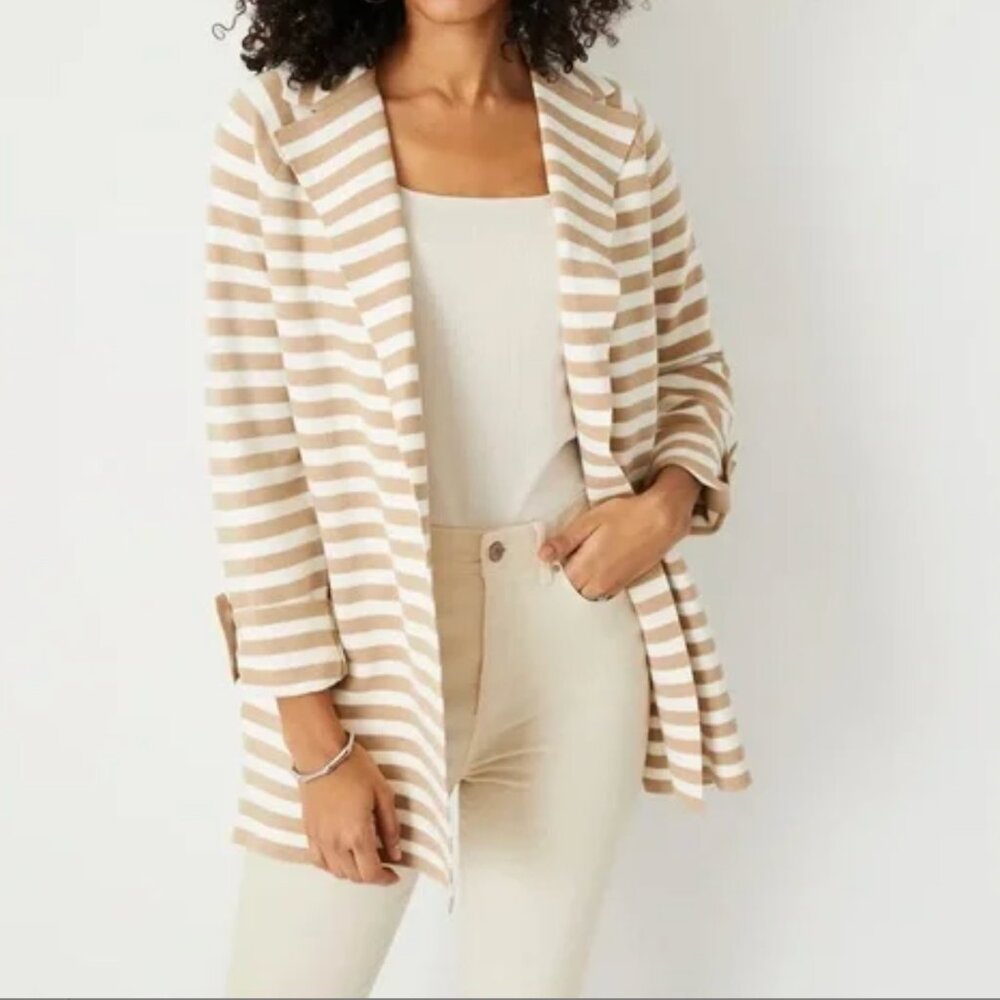 NWOT Ann Taylor Neutral Striped Knit Blazer Jacket Size L